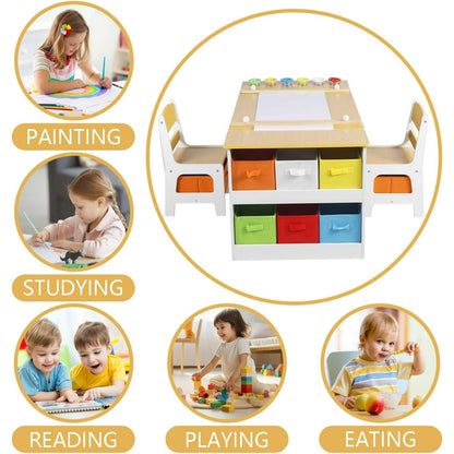 LINLUX 3 in 1 Kids Drawing Table and Chair Set with Art Easel, Toddler Activity Desk for Painting，Natural
