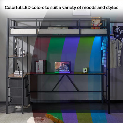 Zimtown Twin Loft Bed Frame with L Shaped Desk, Metal Bed w/ LED Light and Charging Station, Black