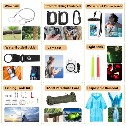 KAQINU Survival Kit 250 Pcs with Molle System Compatible Bag,Emergency Tent,Flashlight and more Great Gift for Men Camping Outdoor Adventures