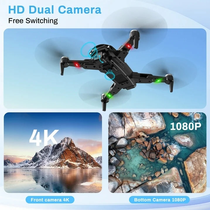 Drone with Camera 4k for Adults, Dual HD Cameras 90 Adjustable Lens, Brushless Motor, Optical Flow Positioning, Headless Mode, 12.6 11 2.8in