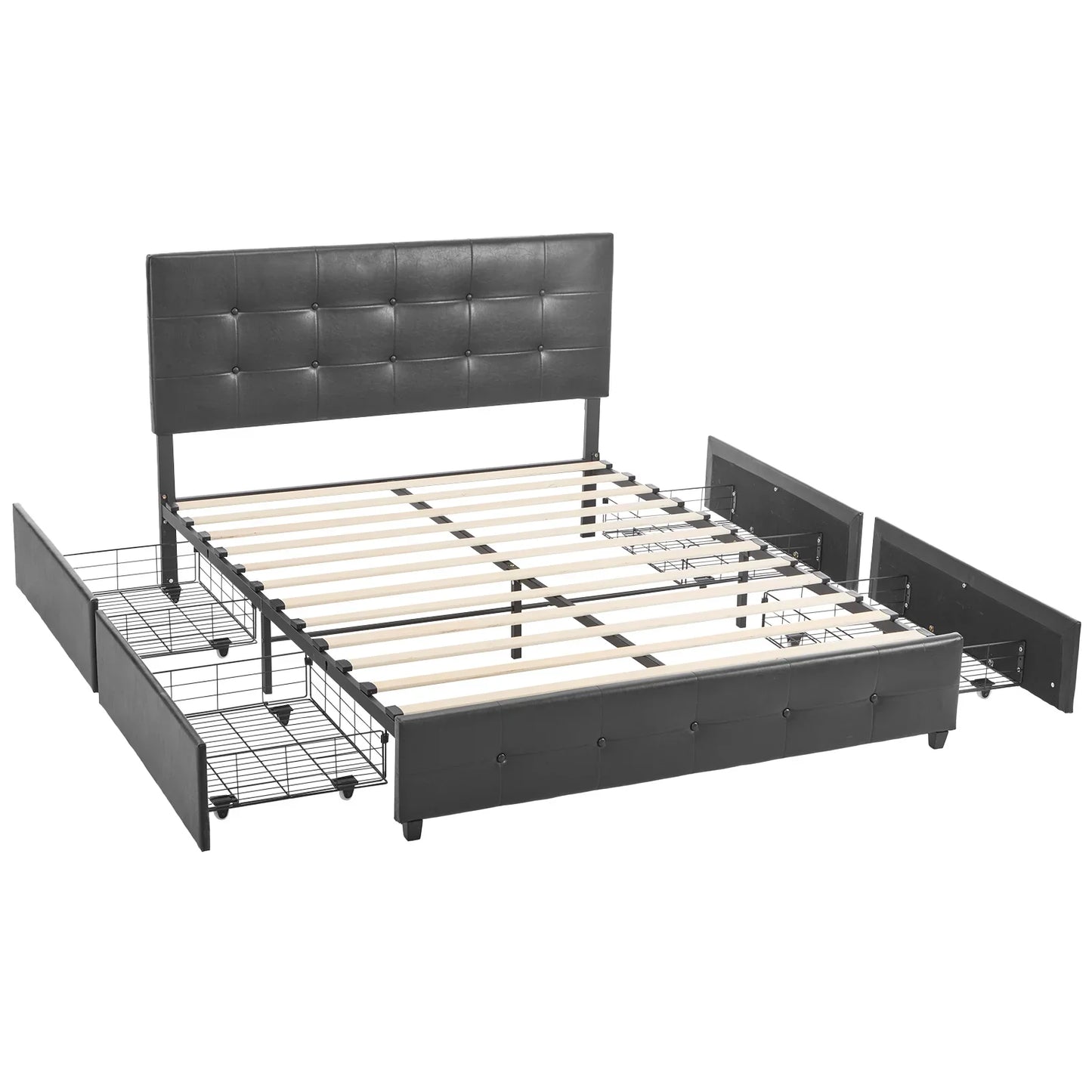 Zimtown Queen Size Upholstered Platform Bed Frame with 4 Drawers and Tufted Headboard, Black