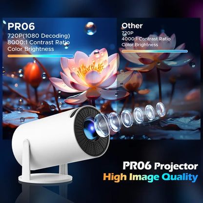 CAMPARK Mini Portable Projector, 4K/260 ANSI Smart Projector with WiFi 6 BT 5.0, Auto Keystone, Screen Adjustment, 270 Degree Rotation, Home Video Projector Built-in Android 11.0 OS, White