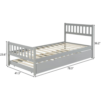 Zimtown Twin Bed with Trundle, Solid Wood Bed Frames with Headboard and Wooden Slats Support, Twin Trundle Bed Frame Roll Out, Gray
