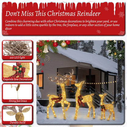 FOOWIN 3-Piece Large Christmas Deer Family, Lighted Outdoor Decoration, Gold