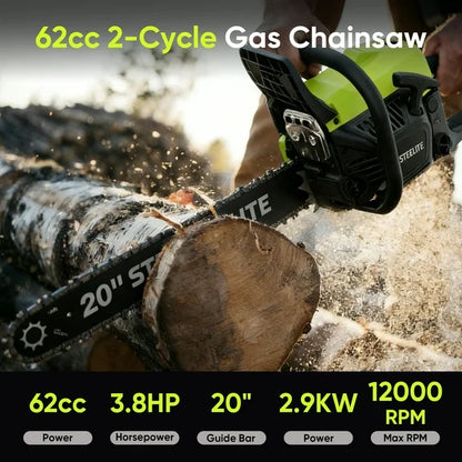 Steelite 62CC Gas Powered Chainsaw,20 Inch 2-Stroke Petrol Handheld Cordless Chain Saw,Gasoline Gas Chainsaws for Wood Cutting, Tree Trimming