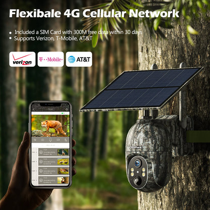 CAMPARK 4G LTE Cellular Trail Camera Wireless 2.5K Pan Tilt Solar Powered Hunting Game Camera Color Night Vision 360 Full View Waterproof IP66 Motion Alert for Outdoor Wildlife Monitoring