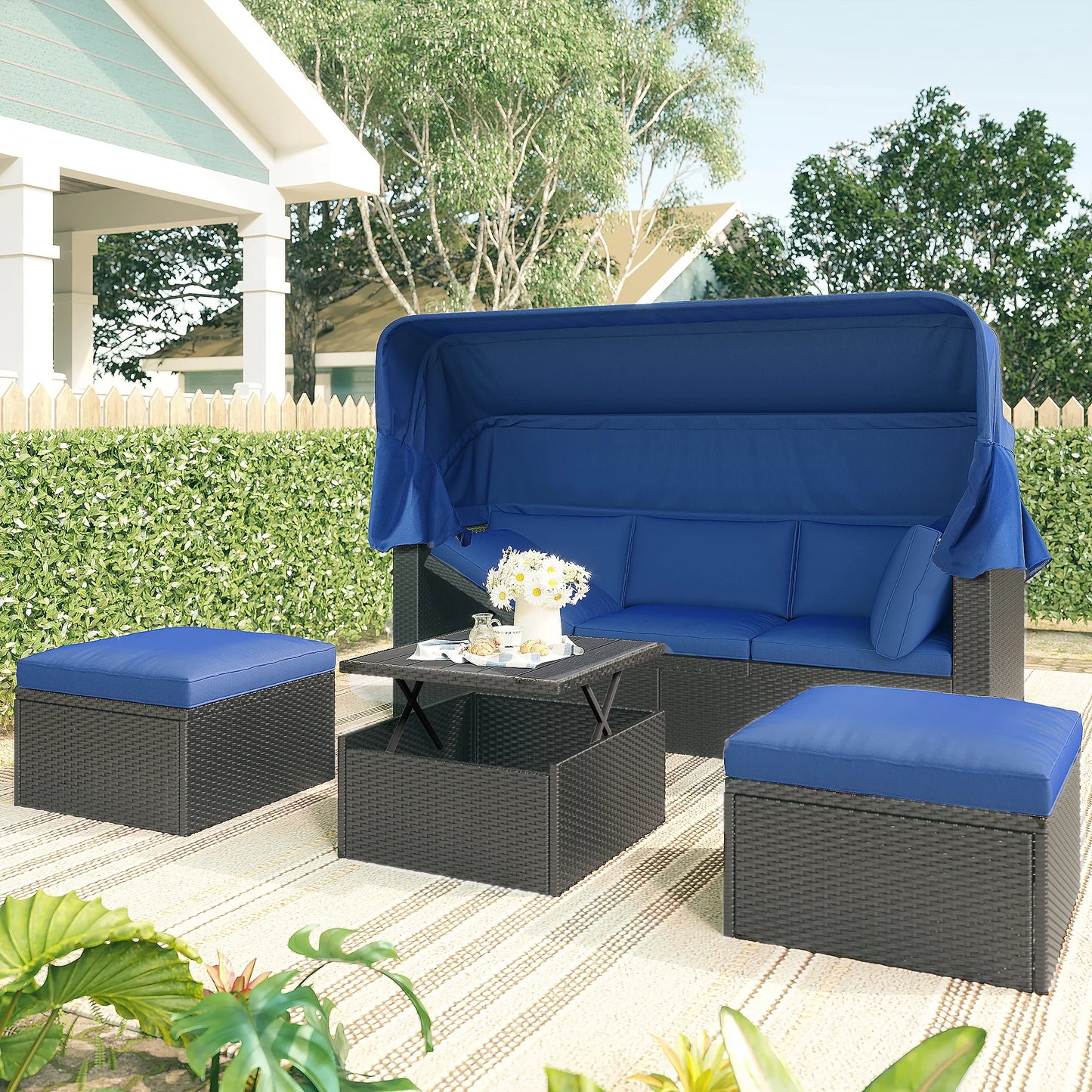 PE Rattan Patio Daybed, Outdoor Daybed Patio Bed Furniture, Patio Sofa Set with Retractable Canopy, Cushions and Lifting Table, Patio Bed Furniture for Patio, Poolside, Garden, Yard