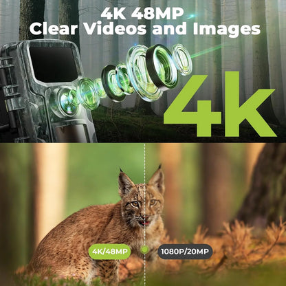 CAMPARK Trail Camera 4K 48MP Hunting Game Camera Infrared Night Vision Motion Activated Waterproof IP66 0.1s Trigger Time Lapse 2.0" LCD Trail Wildlife Cam Surveillance Monitors