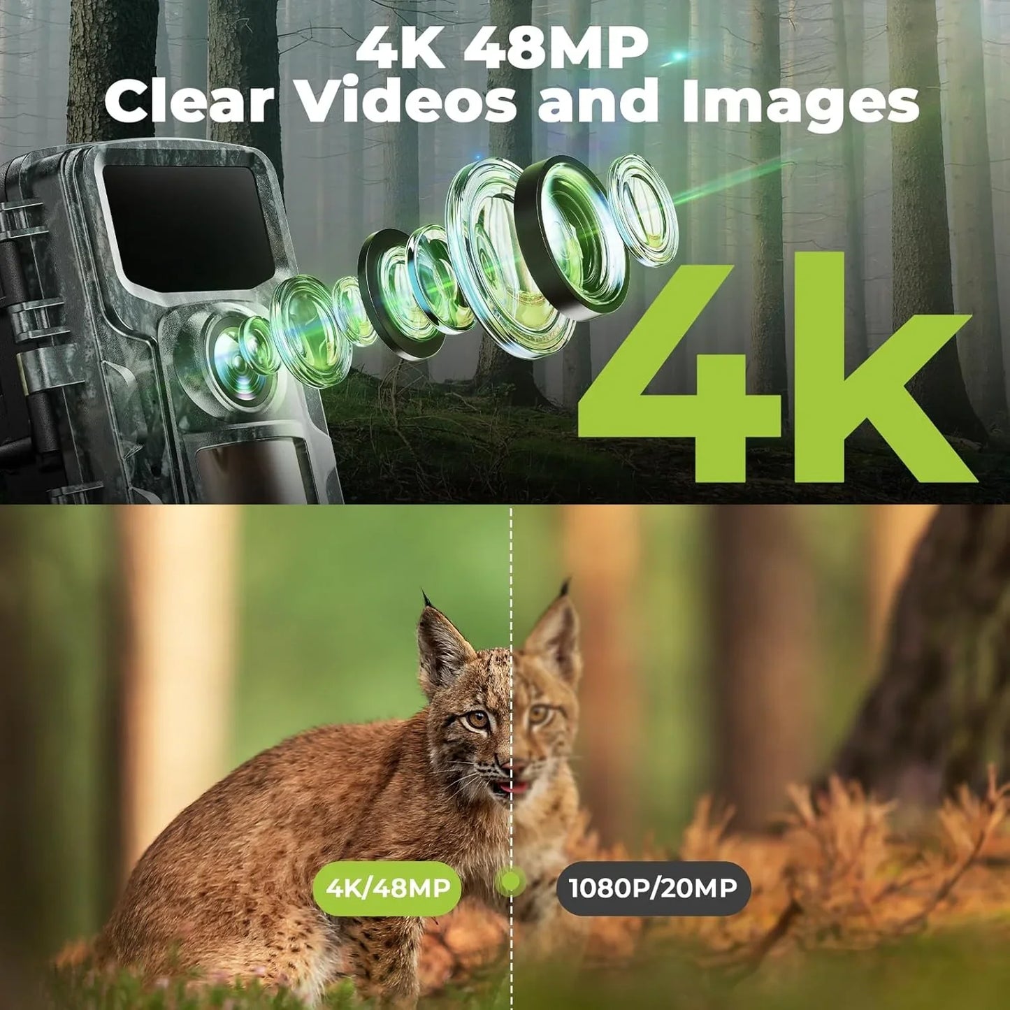 CAMPARK Trail Camera 4K 48MP Game Deer Hunting Camera with Night Vision Waterproof IP66 0.1s Trigger Time Latest Sensor Motion 120Â° Wide Angel Time-Lapse Trail Cam for Wildlife Monitor 2.0"LCD