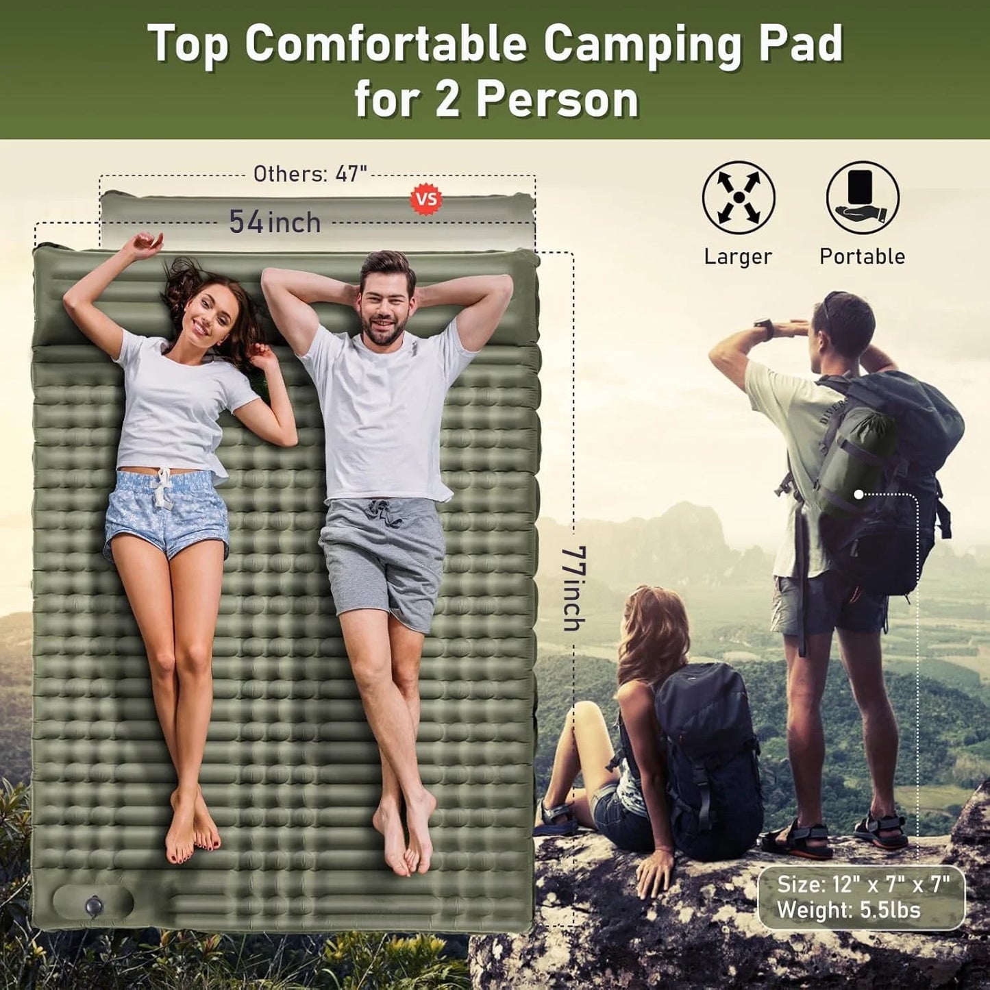 Aship Sleeping Pad for Camping 2 person, 4.7 Extra-Thick Camping Pad with Pillow Built-in Foot Pump Inflatable Sleeping Pad for Backpacking, Hiking, Traveling, Tent Green