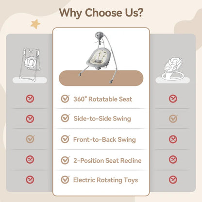 Baby Swing for Infants, Caveen Electric Baby Rocker with 360 Rotatable Seat, 2 Swing Directions, 3 Rotating Toys, for Babies 0-6 Months, Grey