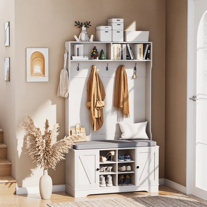 spanspace Hall Tree with Cushion and Open Shoe Cabinet, 4-In-1 Coat Rack with Storage Bench, Coat Hanger and Adjustable Shelves, 71" Height Hall Tree for Hallway, Living Room, White