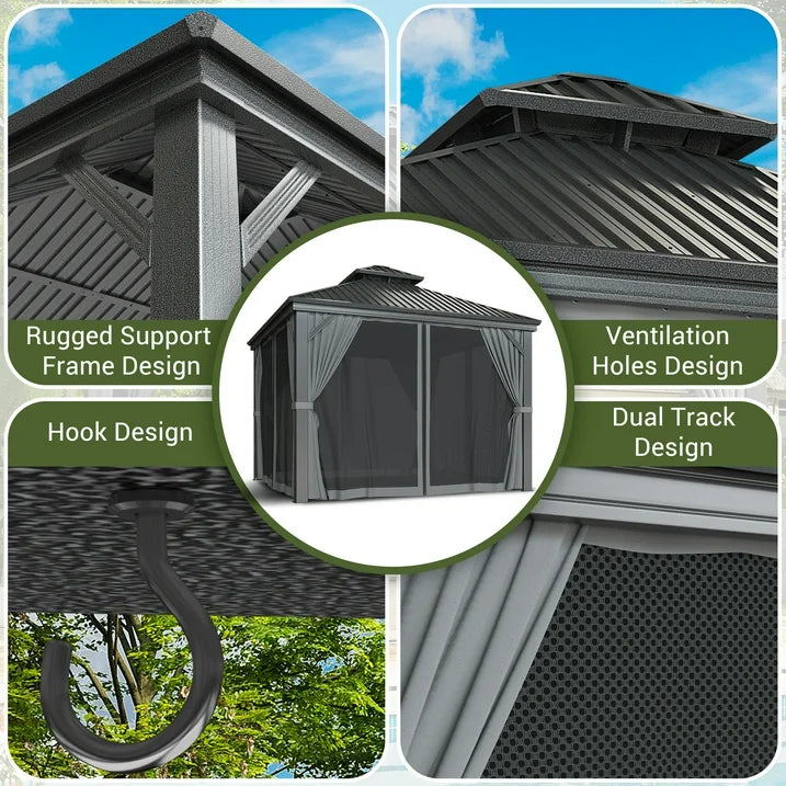 NETAJE 10x12 FT Hardtop Gazebo, Heavy Duty Gazebo with Aluminum Frame, Galvanized Steel Double Roof & Mosquito Net for Garden, Patio, Grey