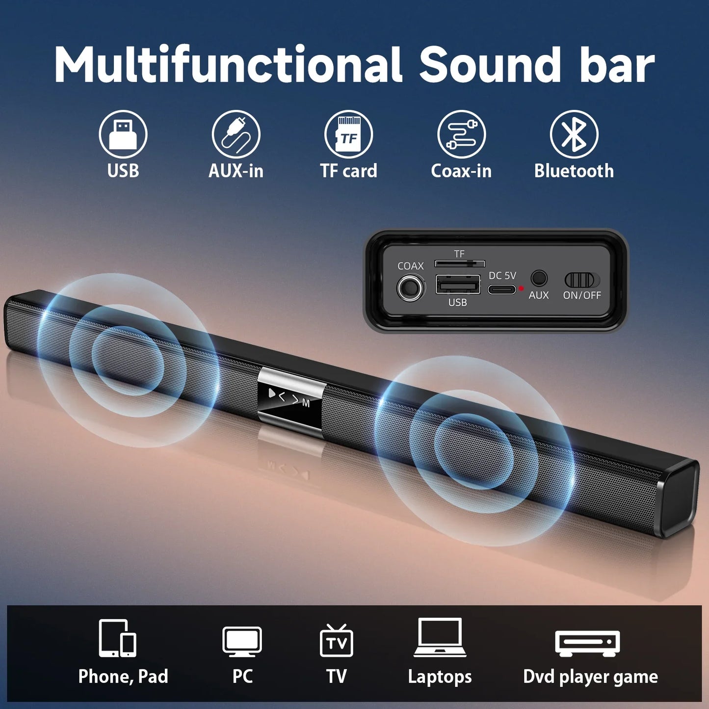 35.24" Soundbar for TV, 50W Wireless Soundbar with Subwoofer and Surround, Bluetooth 5.3 Home Theater TV Audio Speaker, USB/TF Card/AUX/Coaxial Connection, Wall Mountable