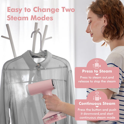 Steamer for Clothes, 1500W Portable Handheld Travel Garment Steamer, Steam Iron, Fabric Wrinkles Remover, 15s Fast Heat-up, Pink