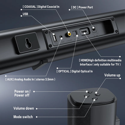 TOPVISION 4.1ch Sound Bar with Subwoofer, 120W Separable Sound Bar for TV with 4 Drivers, USB/AUX/Coaxial/Optical/HDMI/Bluetooth Connect, SD01