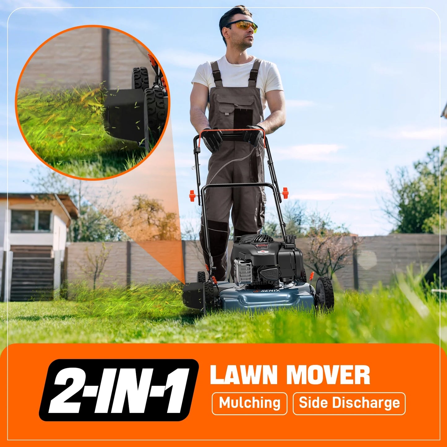 SENIX 20-Inch Gas Lawn Mower, 125 cc 4-Cycle Briggs & Stratton Engine, Push Lawnmower with Side Discharge, 5-Position Height Adjustment, LSPG-L3