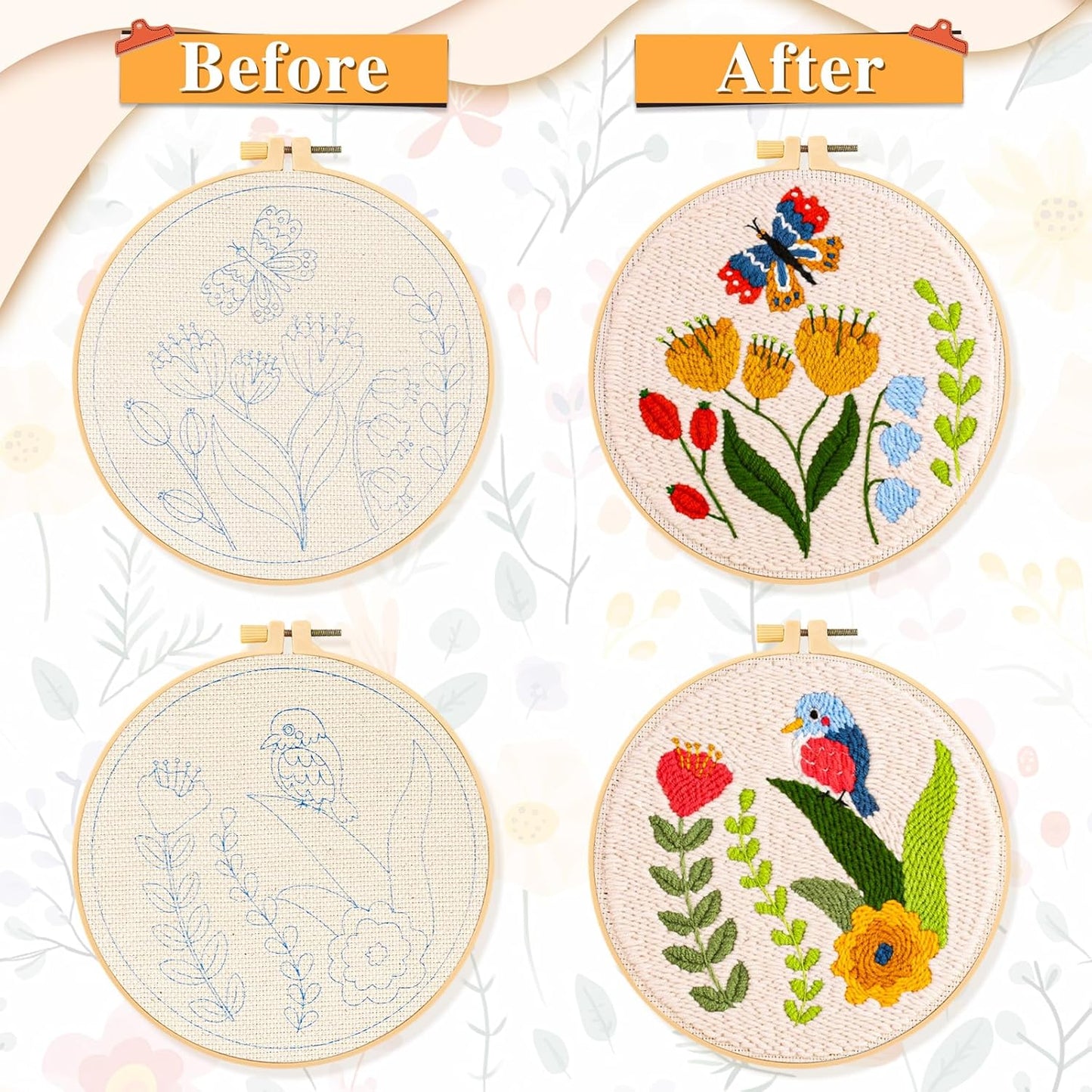 2 Pack Punch Needle Embroidery Kit for Beginners, Rug Hooking Starter Kit with Butterfly Flowers Bird Pattern Stamped Cloth 2 Embroidery Hoops Woolen and Punch Needle, DIY Handicraft Crafts Kit
