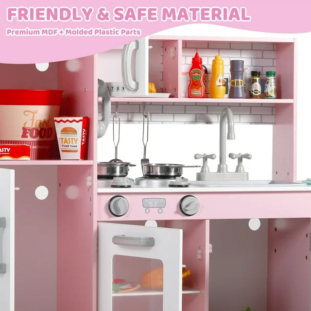 LINLUX Wooden Kids Play Kitchen, Toy Kitchen Playset For Toddler, Realistic Kitchen Sets Baby, Pink