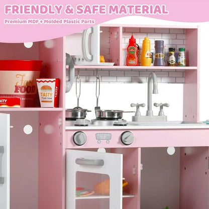 LINLUX Wooden Kids Play Kitchen, Toy Kitchen Playset For Toddler, Realistic Kitchen Sets Baby, Pink