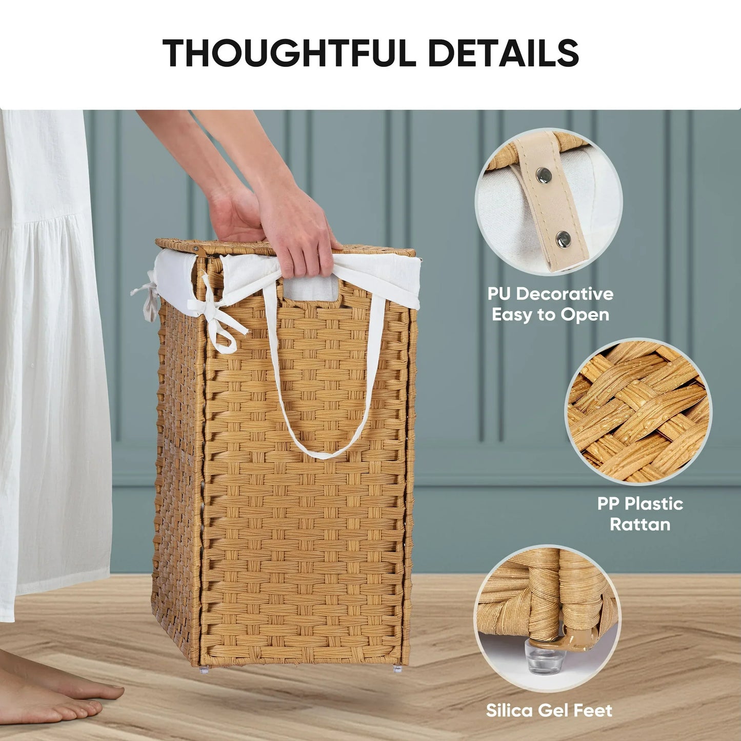 edx Laundry Basket with Lid, 90 L Hand-Woven PP Rattan Laundry Basket with Handle, Foldable, Removable Liner, Natural