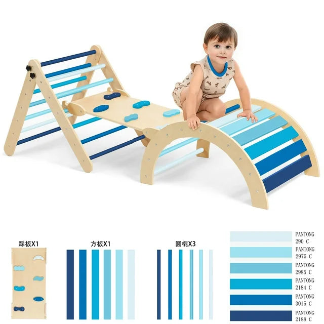 Pikler Triangle Set, RongTrading 8 in 1 Montessori Climbing Set, Wooden Climbing Toys, with Arch, Ramp, Ladder, Tent and Cushion, Indoor Jungle Gym for Toddlers 0.5-6 Years Old, Blue