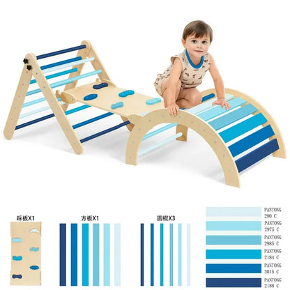 Pikler Triangle Set, RongTrading 8 in 1 Montessori Climbing Set, Wooden Climbing Toys, with Arch, Ramp, Ladder, Tent and Cushion, Indoor Jungle Gym for Toddlers 0.5-6 Years Old, Blue