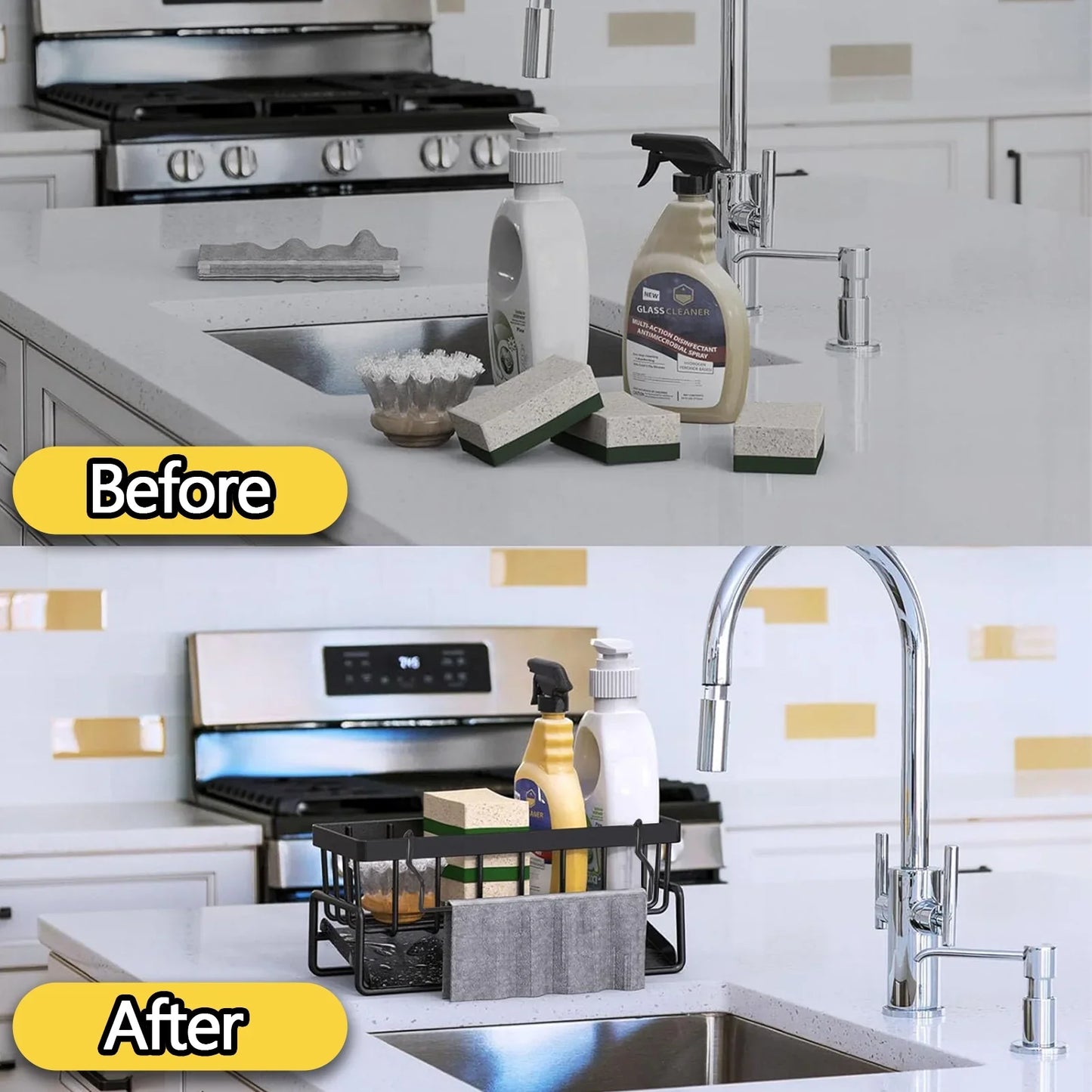 Aovky Sponge Holder for Kitchen Sink, Self Drain Kitchen Sink Caddy Organizer, Sponge Holder with Removable Dishcloth Rack, Soap Dispenser Brush Holder Storage for Bathroom and Counter, Black