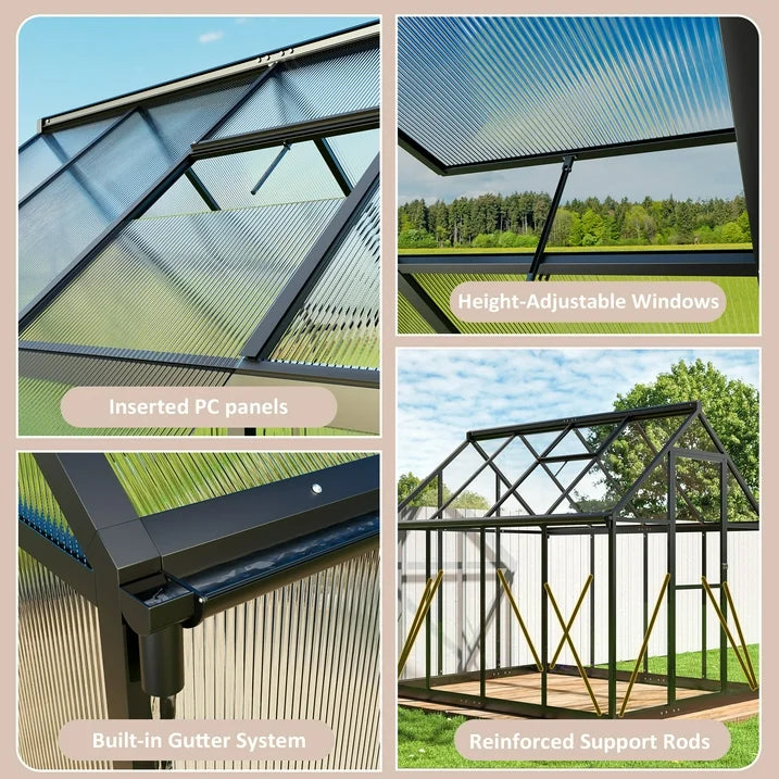 NETAJE 6'x7' Outdoor Greenhouse, Walk-in Polycarbonate Green House with Aluminum Frame for Backyard, Black