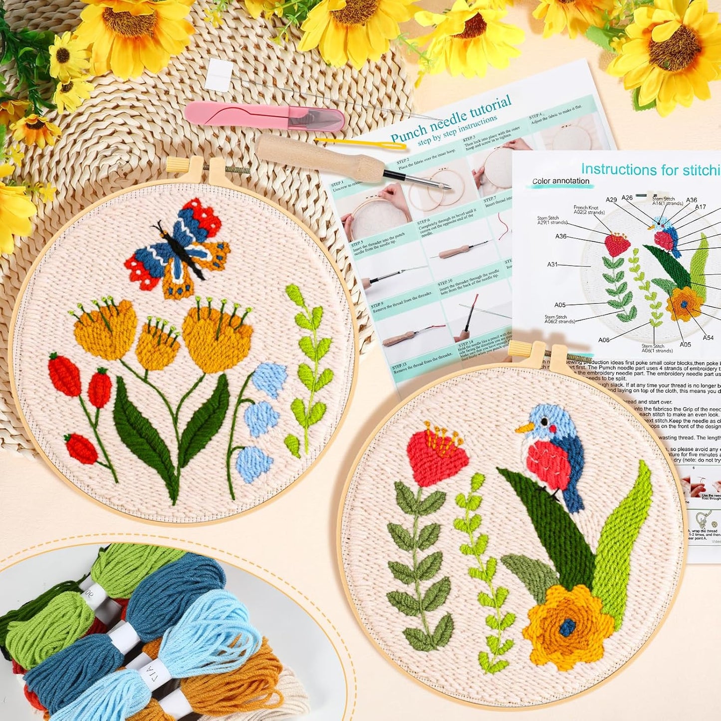 2 Pack Punch Needle Embroidery Kit for Beginners, Rug Hooking Starter Kit with Butterfly Flowers Bird Pattern Stamped Cloth 2 Embroidery Hoops Woolen and Punch Needle, DIY Handicraft Crafts Kit