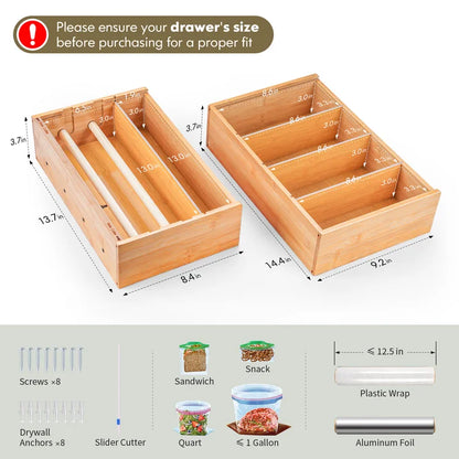 iCASA 15 - in - 1 Bamboo Storage Bag Organizer for Kitchen Drawer & Wall Moun, Kitchen Foil and Plastic Wrap Dispenser with Cutter, Food Sandwich Bag Organizer for Drawer, Bamboo Baggie Container Box