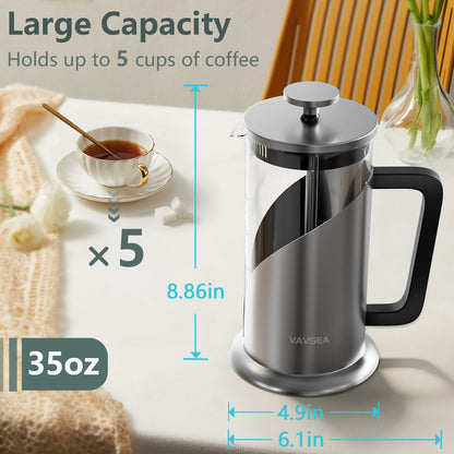 35oz French Press Coffee Maker,304 Stainless Steel Coffee Press for Travel & Home Use,Double Insulated,Dishwasher Safe,Silver
