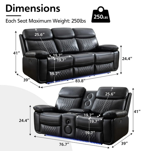 Othniel 2PCS Power Recliner Sofa Sets with Bass Speaker,Wireless Charger LED Light,USB Port,Gray