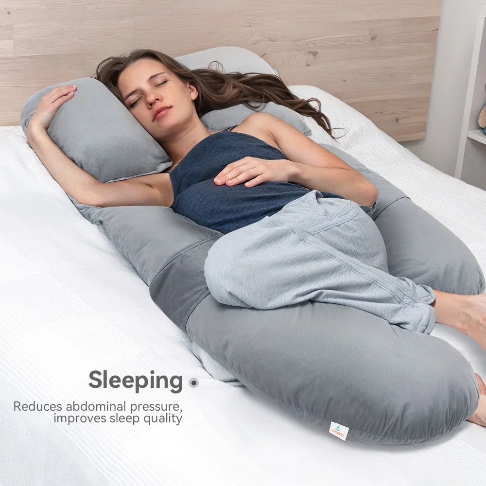 Pregnancy Pillow, Novashion Full Body Maternity Pillow for Side Sleeping, with Adjustable Wedge Pillow and Velvet Cover, Washable, Grey