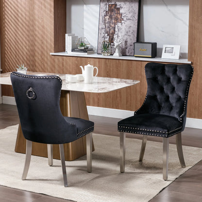 Sumdeal Velvet Dining Chairs Set of 4, Tall Back Side Chair, Modern Upholstered High-end Tufted Side Chair with Button Back Ring,Black with Silver Leg