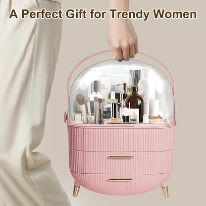 Makeup Organizer for Vanity, Make up Organizers and Storage, Cosmetics Skincare Organizers with Lid and Drawers, Cosmetic Display Cases for Countertop, Bathroom, Dresser, Ideal Gifts for Women(Pink)