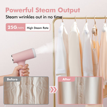 Steamer for Clothes, 1500W Portable Handheld Travel Garment Steamer, Steam Iron, Fabric Wrinkles Remover, 15s Fast Heat-up, Pink