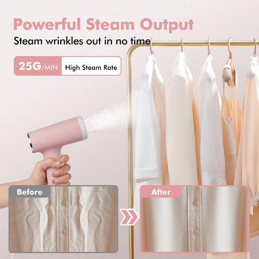 Steamer for Clothes, 1500W Portable Handheld Travel Garment Steamer, Steam Iron, Fabric Wrinkles Remover, 15s Fast Heat-up, Pink