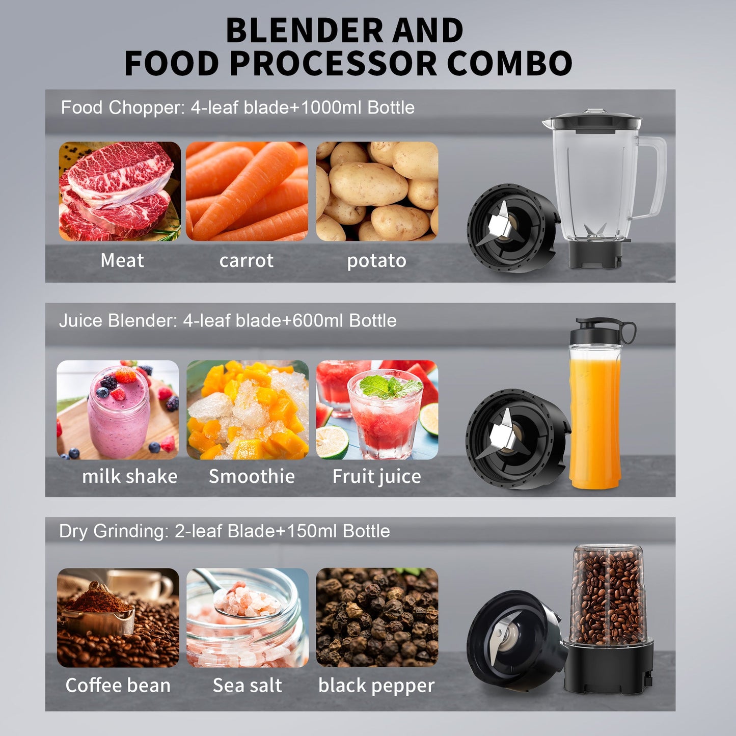 1000W Smoothie Blender for Shakes and Smoothies, 3 IN1 Kitchen Personal Blenders and Grinder Combo for Protein Drinks, BPA-Free, 2 Speeds & Pulse