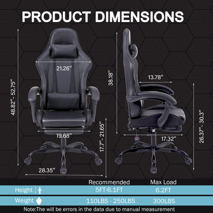 Black Gaming Chair with Footrest and Massage Ergonomic Video Gamer Chair for Adults Leather Gaming Chair High Back Swivel Reclining Computer Chair for Home Office