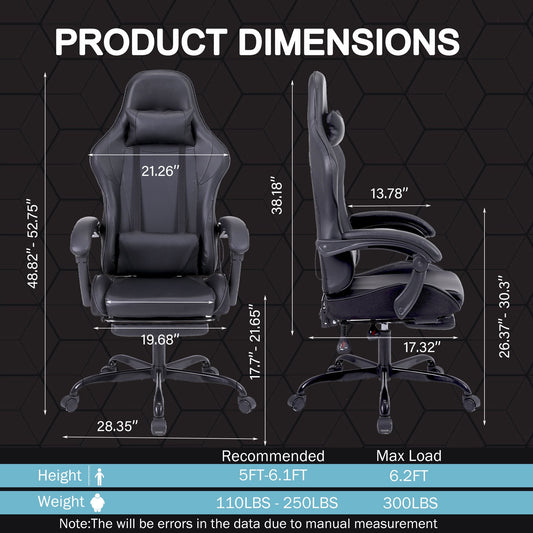 Black Gaming Chair with Footrest and Massage Ergonomic Video Gamer Chair for Adults Leather Gaming Chair High Back Swivel Reclining Computer Chair for Home Office