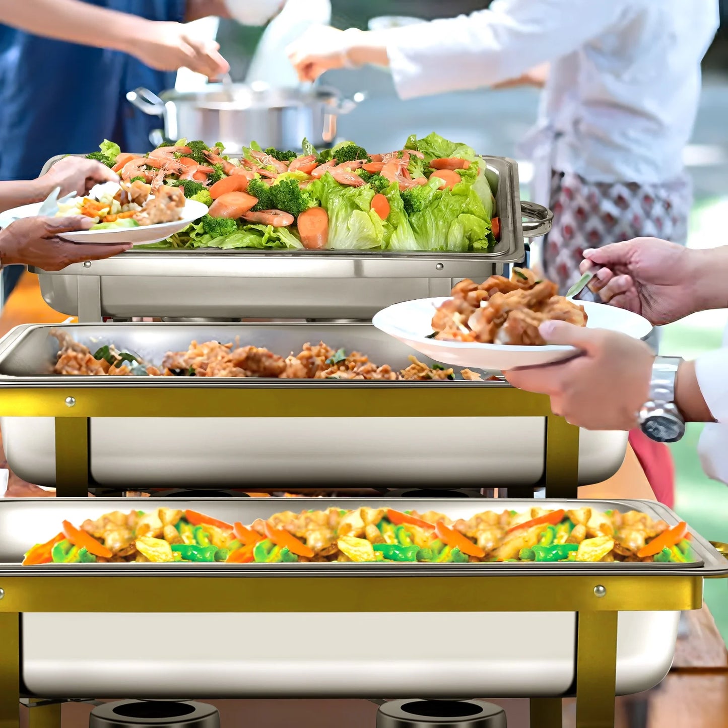 Chafing Dish Buffet Set 4 Pack, Jacgood 8QT Gold+Silver Stainless Steel Chafing Dishes for Buffet, Chafers and Buffet Warmers Sets for Parties, Events, Wedding, Camping, Dinner