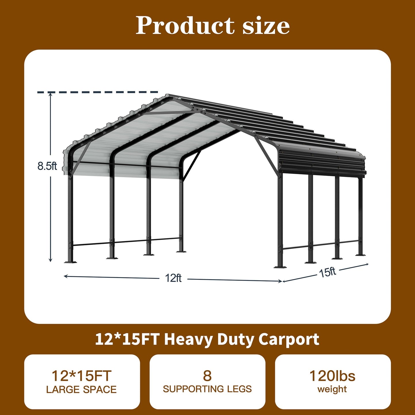 Carpet 12' x 15' Metal Carport, Heavy Duty Carport with Steel Panels for Car,and Frame Metal Carport Upgraded Extra Large Garage