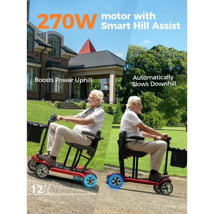 ENGWE 4 Wheel Mobility Scooter for Adults Seniors - Ease 2 Pro Luxury 24V 20A Li-ion Battery Lightweight 43.2lb Compact Folding Portable to Travel 270W Motor, Headlight Basket, Dual Battery-Red