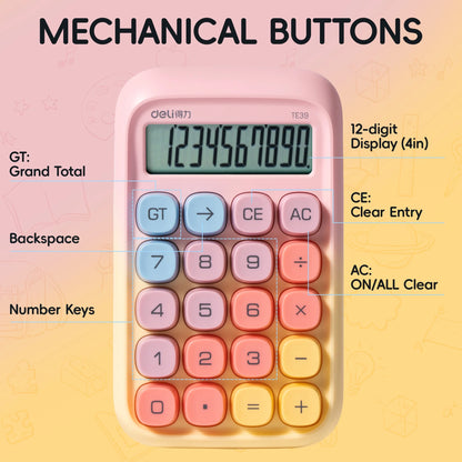 Deli Mechanical Switch Calculator with Battery, 10 Digit Large LCD Display, Big Buttons, Yellow