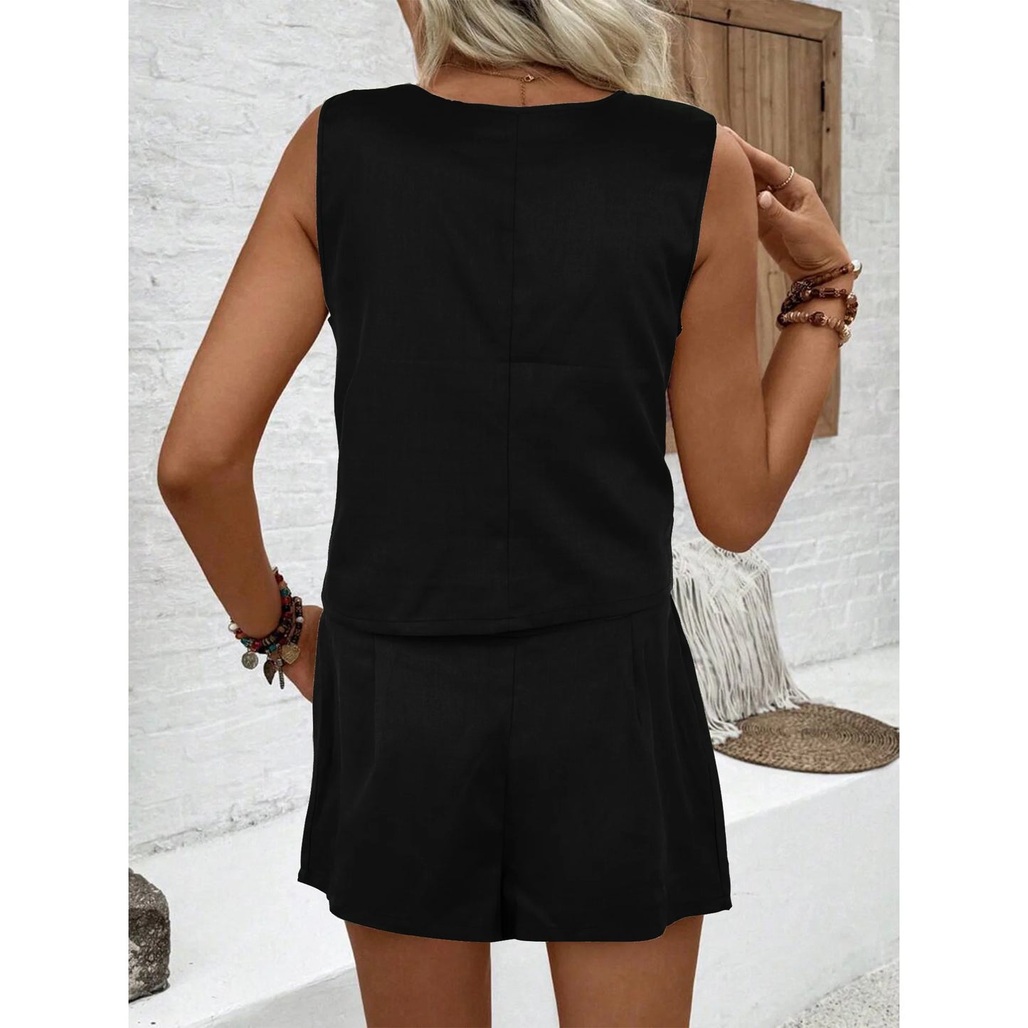 SHIBEVER Lounge Sets for Women Black Summer Casual Sleeveless 2pcs Sets Womens V Neck Dressy Vest Waistcoat with Pockets and Shorts Outfits Loungewear XL