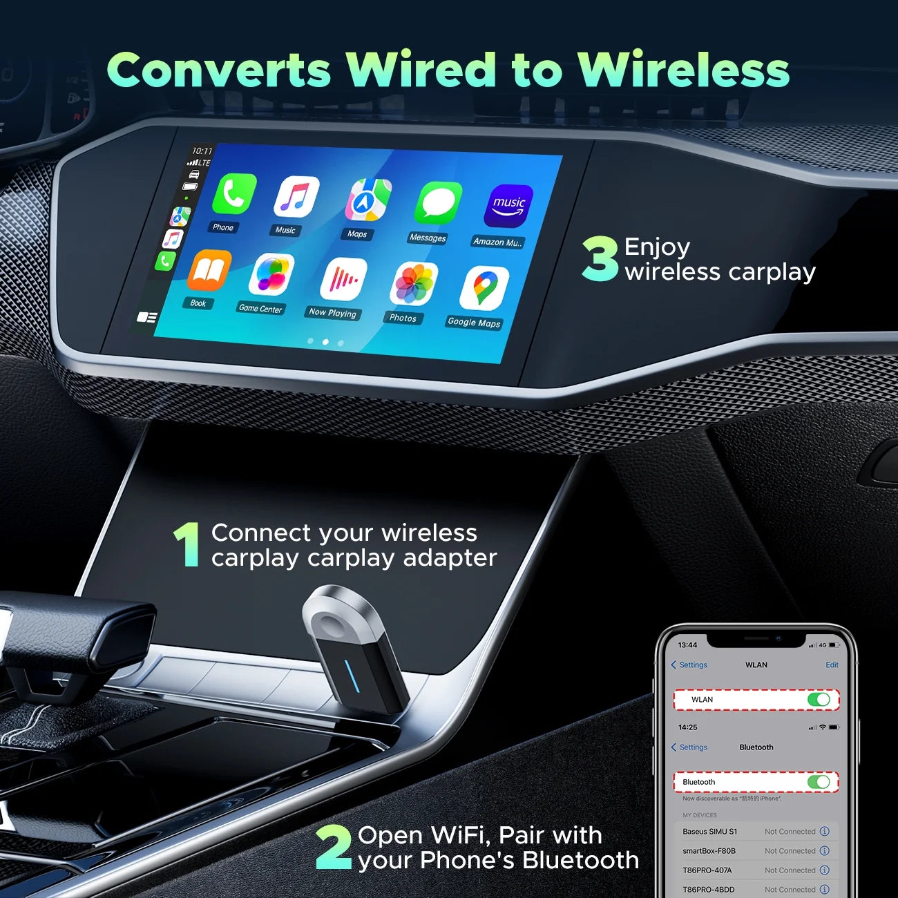 Toguard 2 in 1 Wireless Carplay Adapter for Apple Carplay & Android Auto, Adapter for Converts Wired to for Cars, 5.8GHz WiFi, Plug & Play, iOS 10+ & Android 12+, Bluetooth, Black