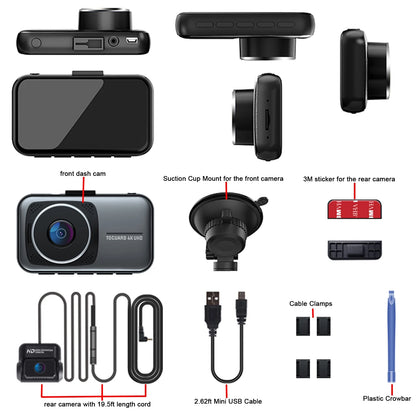 TOGUARD 4K Dual Dash Cam for Cars UHD 2160P+1080P Front and Rear Dash Camera, 3" Display Car Dashboard Camera Recorder Parking Mode G-Sensor Support 256GB SD Card