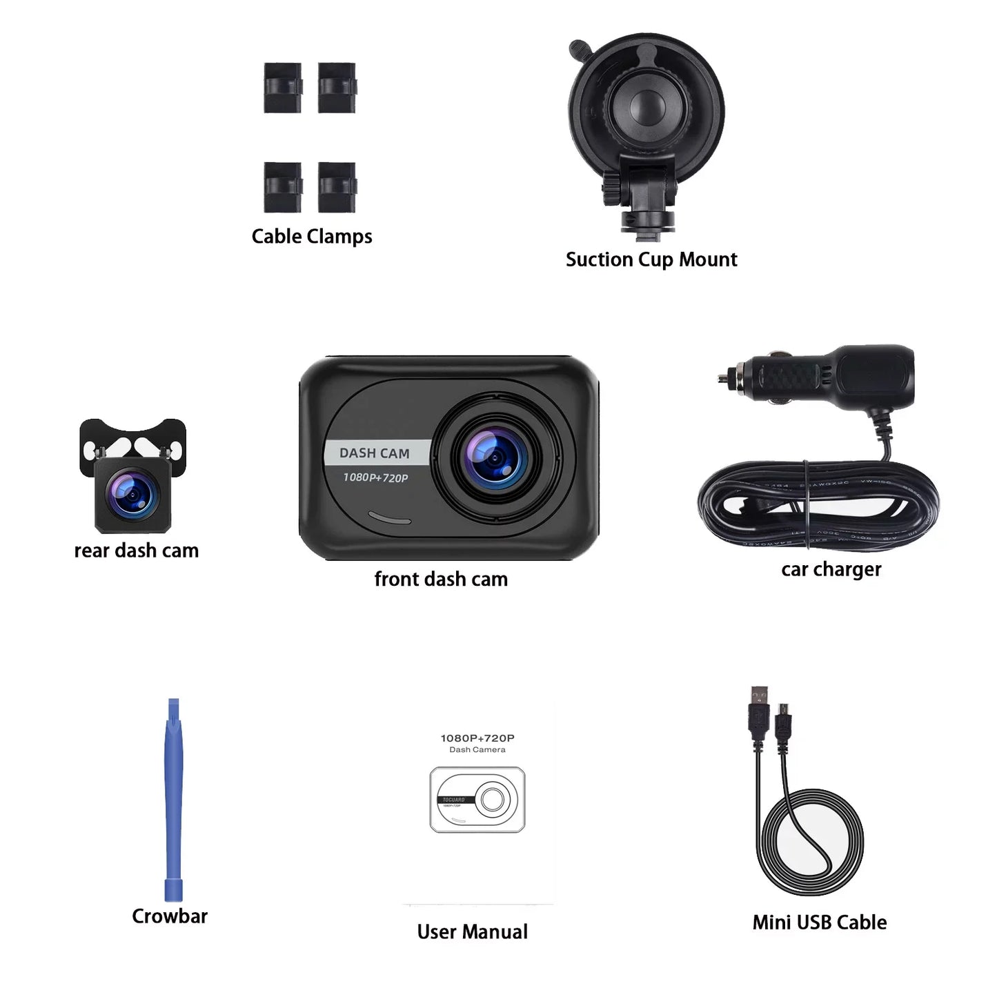 TOGUARD Dash Cam Front and Rear 1080P Full HD Car Camera,2.45 inch Dash Camera with 64GB SD Card, Super Night Vision, Parking Mode, G-Sensor, Loop Recording, WDR