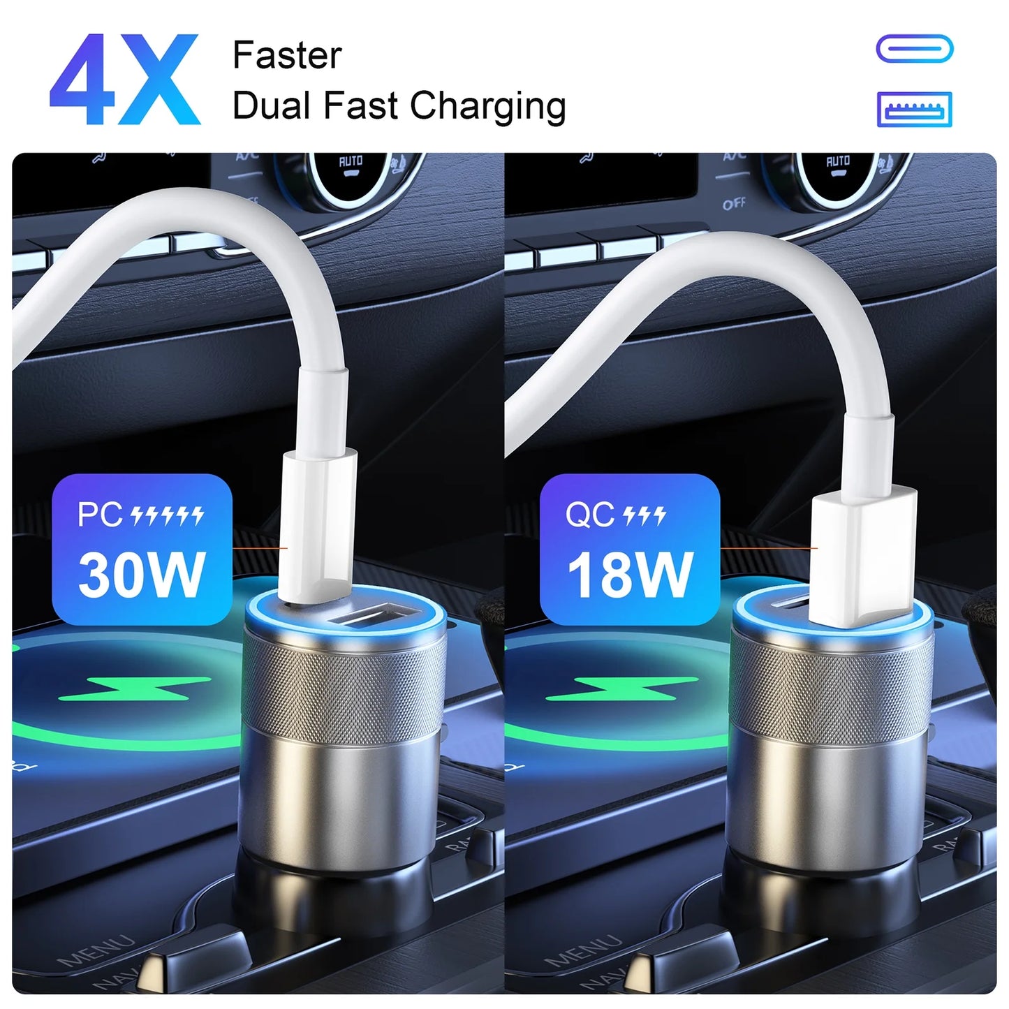 Car Charger, Quick Charging 48W 2-Port USB-C & USB-A Car Power Adapter PD/QC